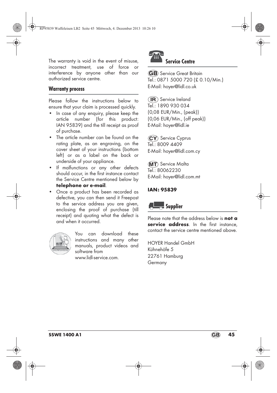 Warranty process, Service centre, Supplier | Silvercrest SSWE 1400 A1 User Manual | Page 47 / 50