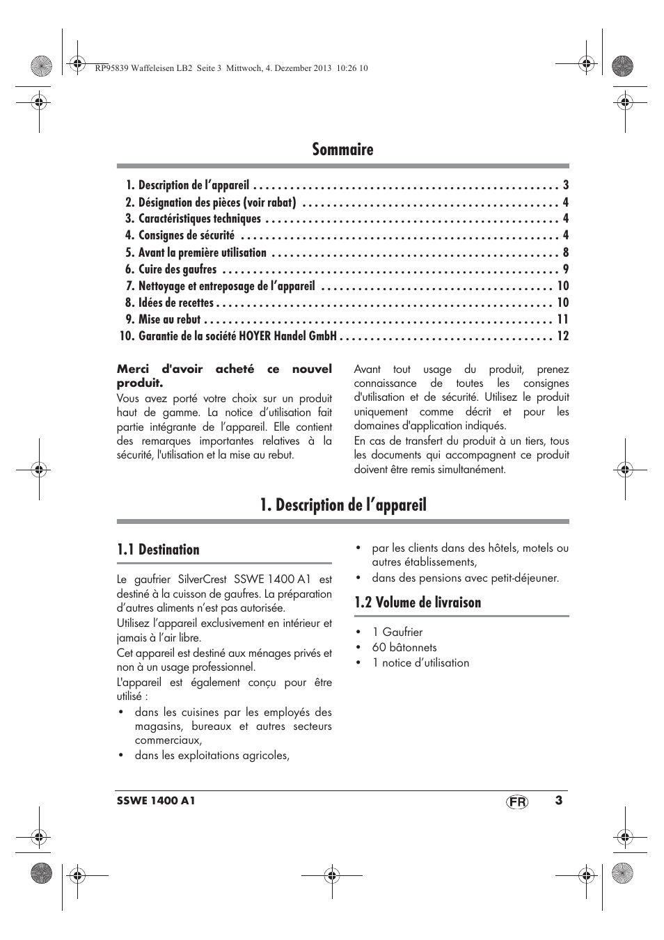 Sommaire, Description de l’appareil, 1 destination | 2 volume de livraison | Silvercrest SSWE 1400 A1 User Manual | Page 5 / 50