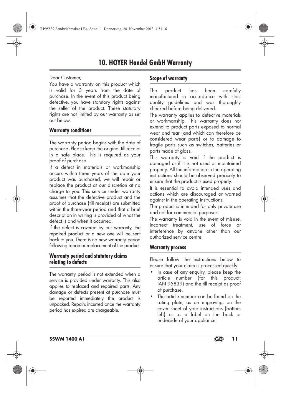 Hoyer handel gmbh warranty | Silvercrest SSWM 1400 A1 User Manual | Page 13 / 78