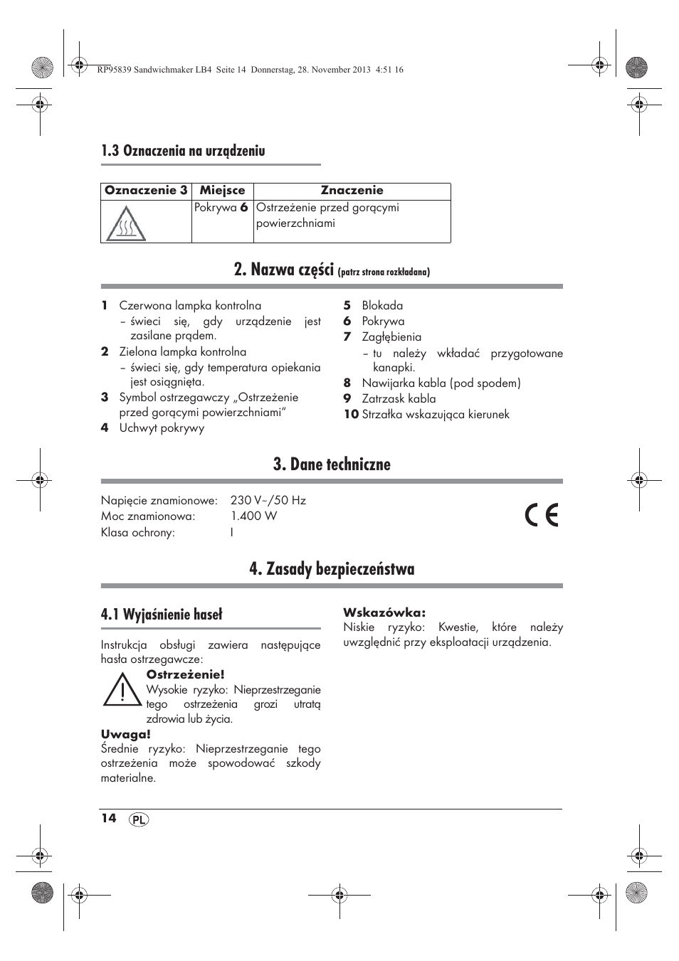Nazwa części, Dane techniczne, Zasady bezpieczeństwa | 3 oznaczenia na urządzeniu, 1 wyjaśnienie haseł | Silvercrest SSWM 1400 A1 User Manual | Page 16 / 78