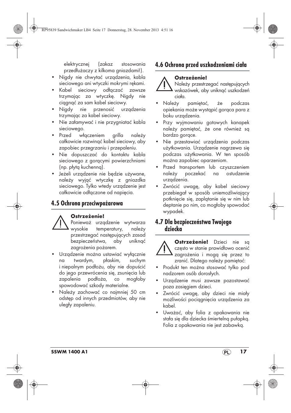 5 ochrona przeciwpożarowa, 6 ochrona przed uszkodzeniami ciała, 7 dla bezpieczeństwa twojego dziecka | Silvercrest SSWM 1400 A1 User Manual | Page 19 / 78