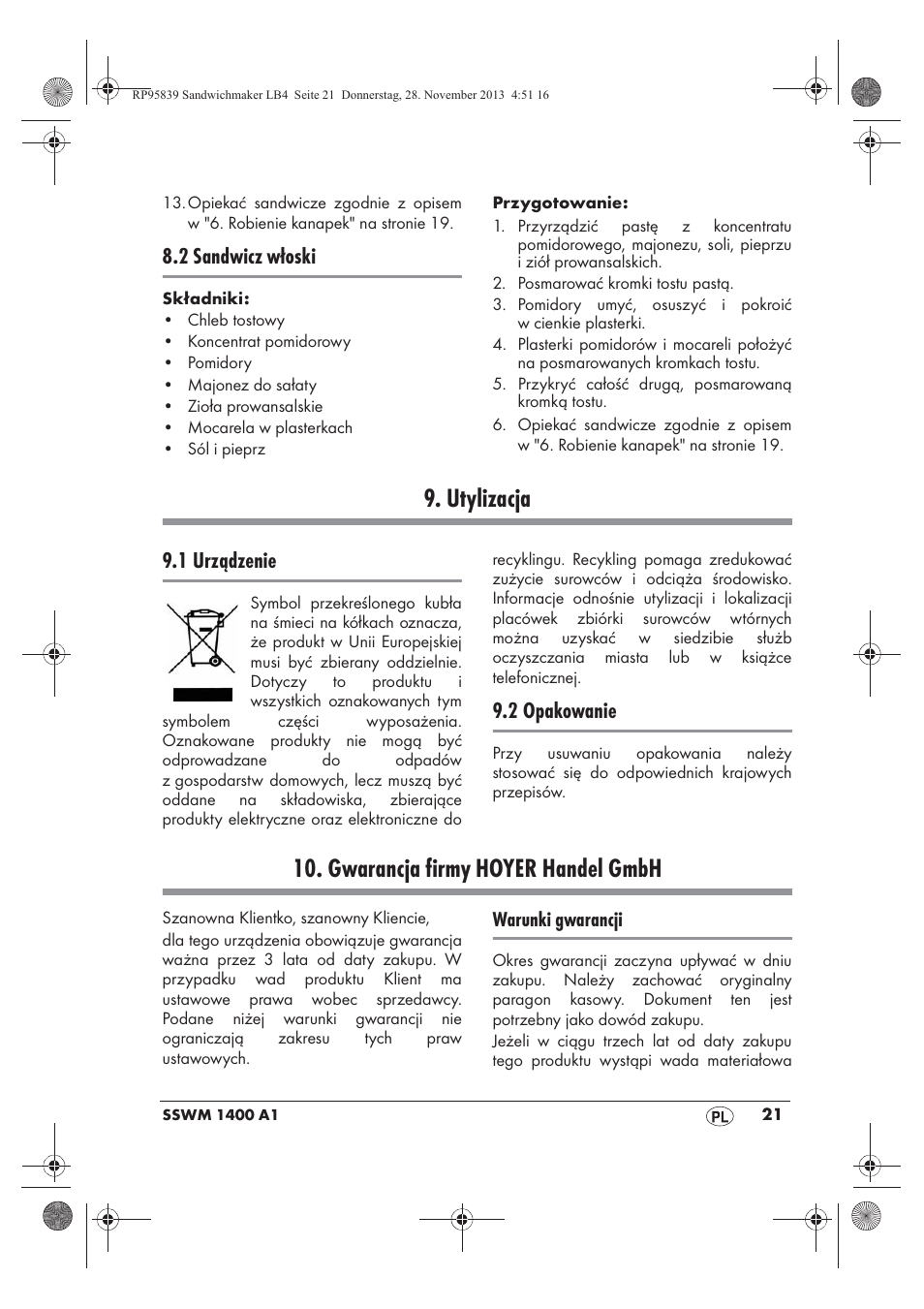 Utylizacja, Gwarancja firmy hoyer handel gmbh, 2 sandwicz włoski | 1 urządzenie, 2 opakowanie | Silvercrest SSWM 1400 A1 User Manual | Page 23 / 78