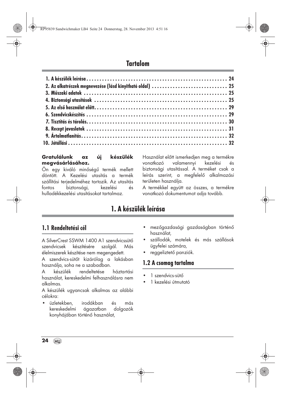 Tartalom, A készülék leírása, 1 rendeltetési cél | 2 a csomag tartalma | Silvercrest SSWM 1400 A1 User Manual | Page 26 / 78