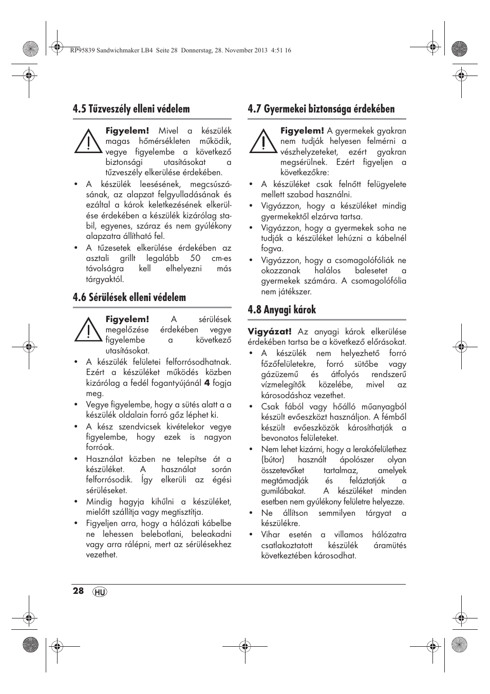 5 tűzveszély elleni védelem, 6 sérülések elleni védelem, 7 gyermekei biztonsága érdekében | 8 anyagi károk | Silvercrest SSWM 1400 A1 User Manual | Page 30 / 78