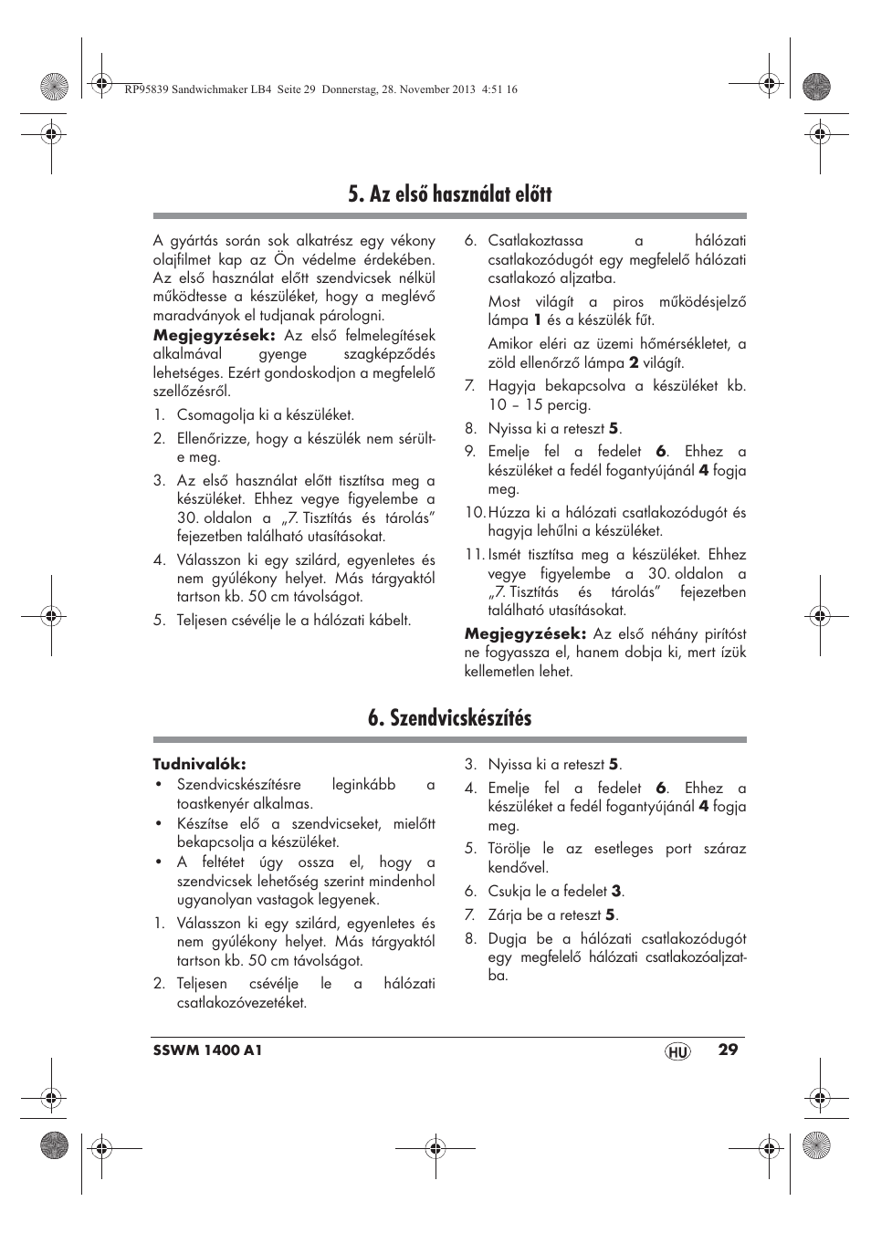 Az első használat előtt, Szendvicskészítés | Silvercrest SSWM 1400 A1 User Manual | Page 31 / 78