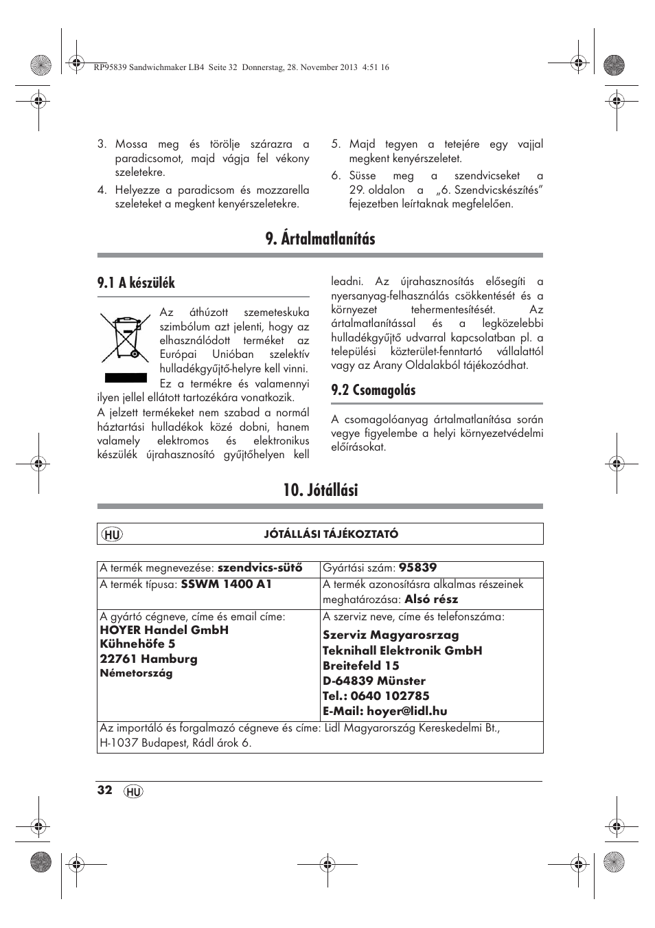 Ártalmatlanítás, Jótállási, 1 a készülék | 2 csomagolás | Silvercrest SSWM 1400 A1 User Manual | Page 34 / 78