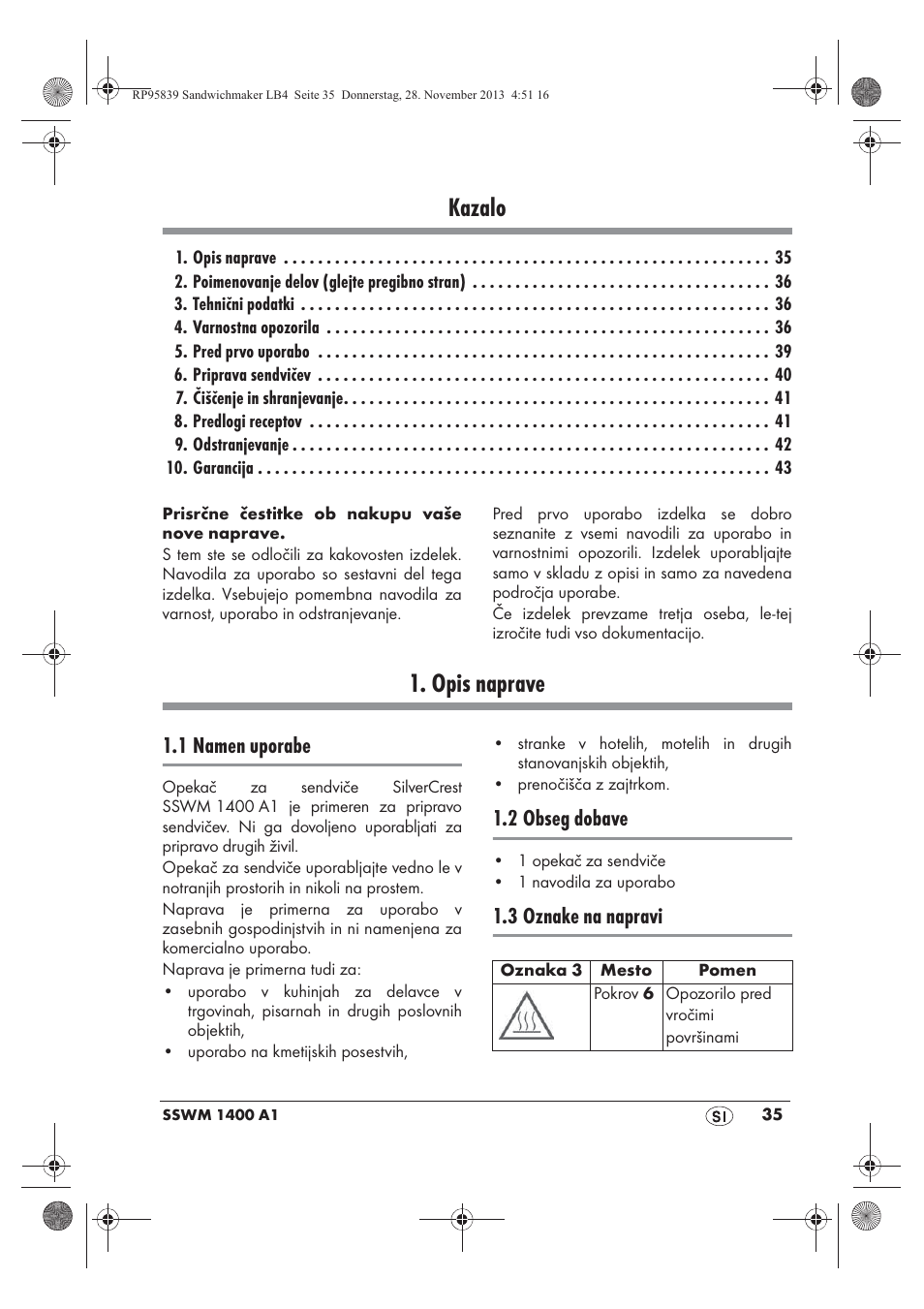 Kazalo, Opis naprave, 1 namen uporabe | 2 obseg dobave, 3 oznake na napravi | Silvercrest SSWM 1400 A1 User Manual | Page 37 / 78