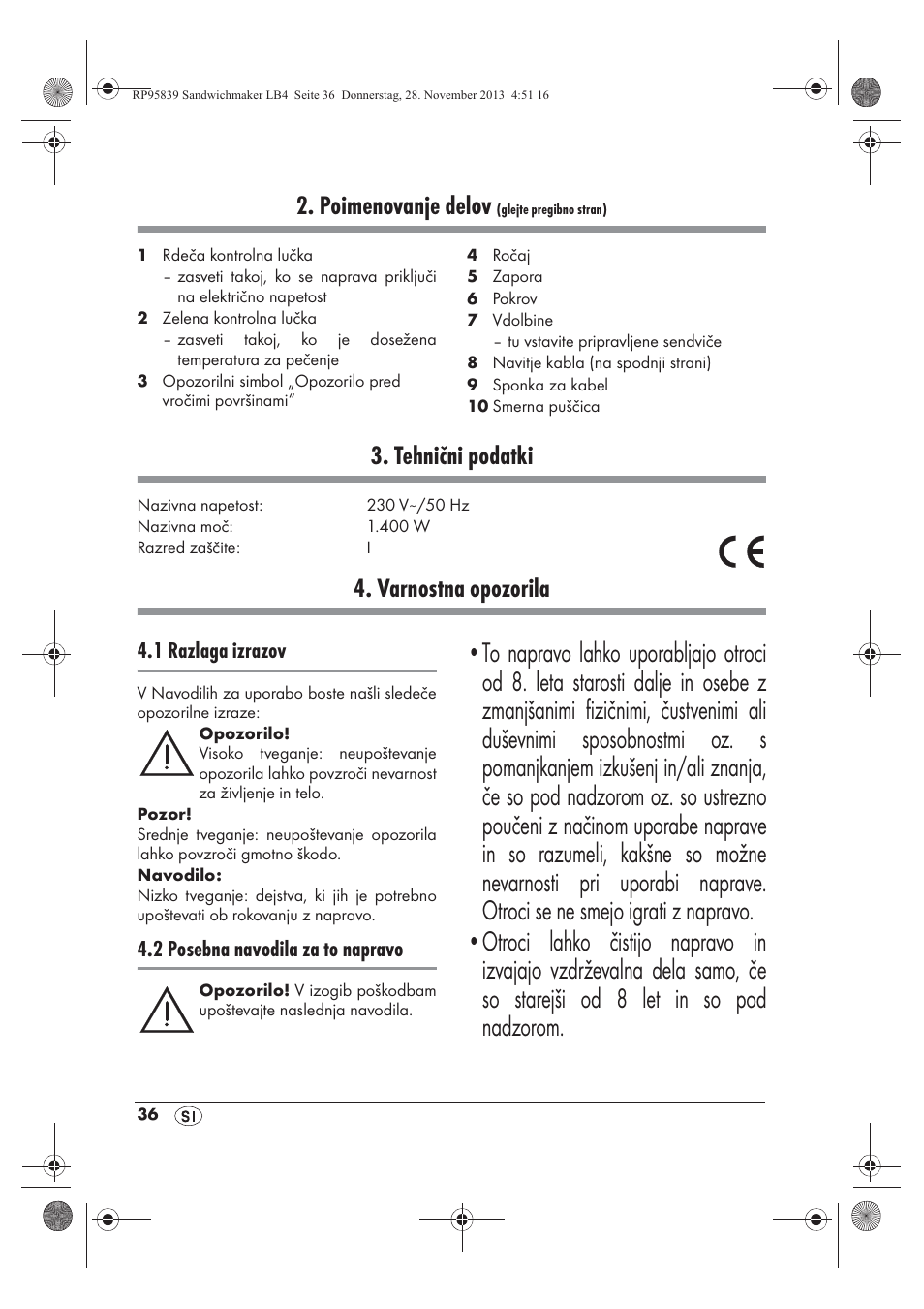 Poimenovanje delov, Tehnični podatki, Varnostna opozorila | Silvercrest SSWM 1400 A1 User Manual | Page 38 / 78