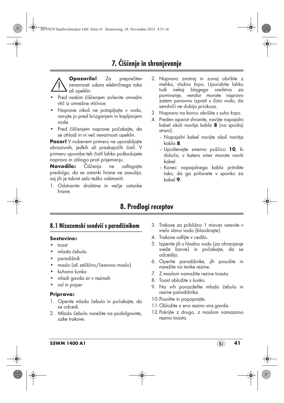 Čiščenje in shranjevanje, Predlogi receptov, 1 nizozemski sendvič s paradižnikom | Silvercrest SSWM 1400 A1 User Manual | Page 43 / 78