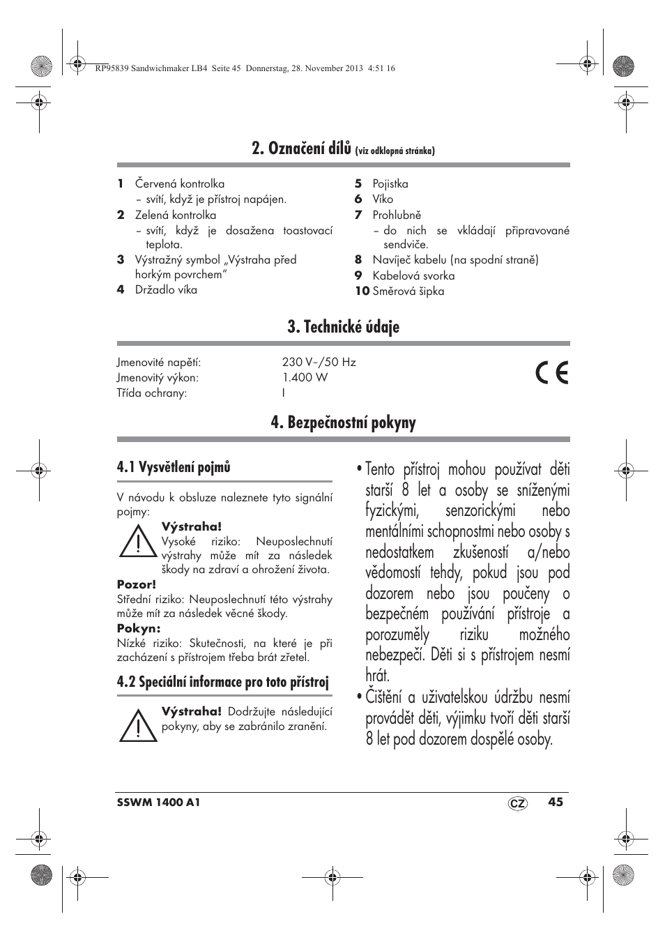 Označení dílů, Technické údaje, Bezpečnostní pokyny | Silvercrest SSWM 1400 A1 User Manual | Page 47 / 78