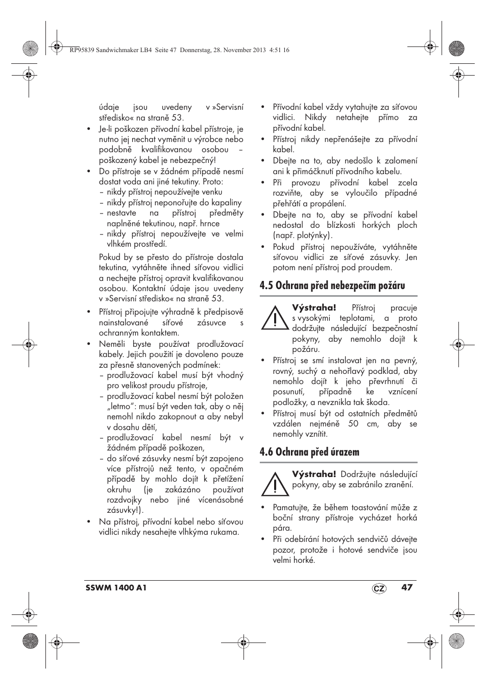 5 ochrana před nebezpečím požáru, 6 ochrana před úrazem | Silvercrest SSWM 1400 A1 User Manual | Page 49 / 78