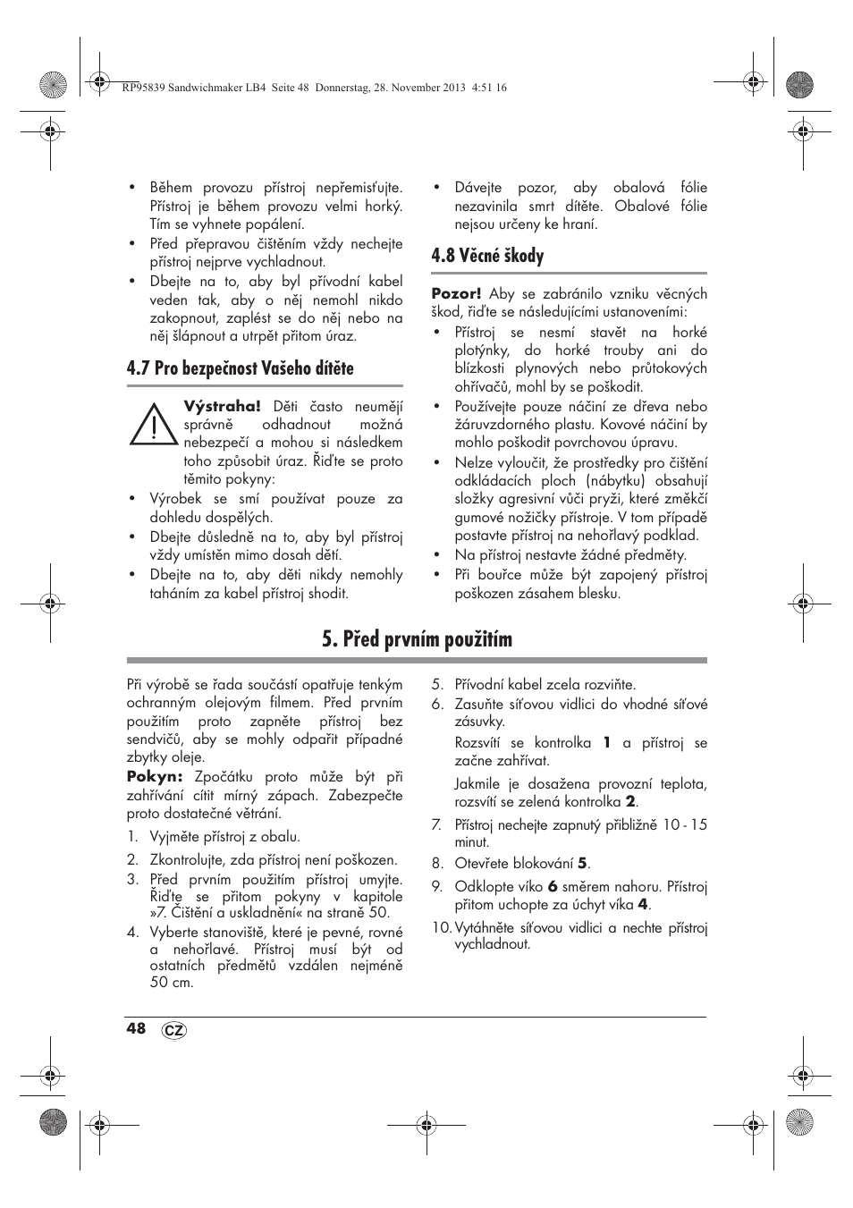 Před prvním použitím, 7 pro bezpečnost vašeho dítěte, 8 věcné škody | Silvercrest SSWM 1400 A1 User Manual | Page 50 / 78
