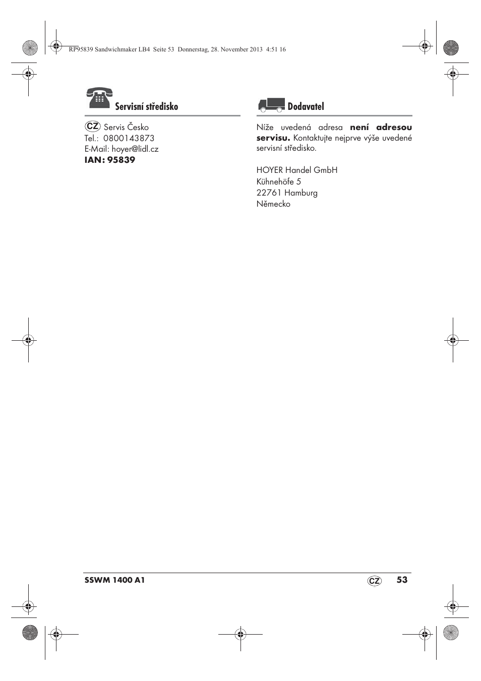 Servisní středisko, Dodavatel | Silvercrest SSWM 1400 A1 User Manual | Page 55 / 78