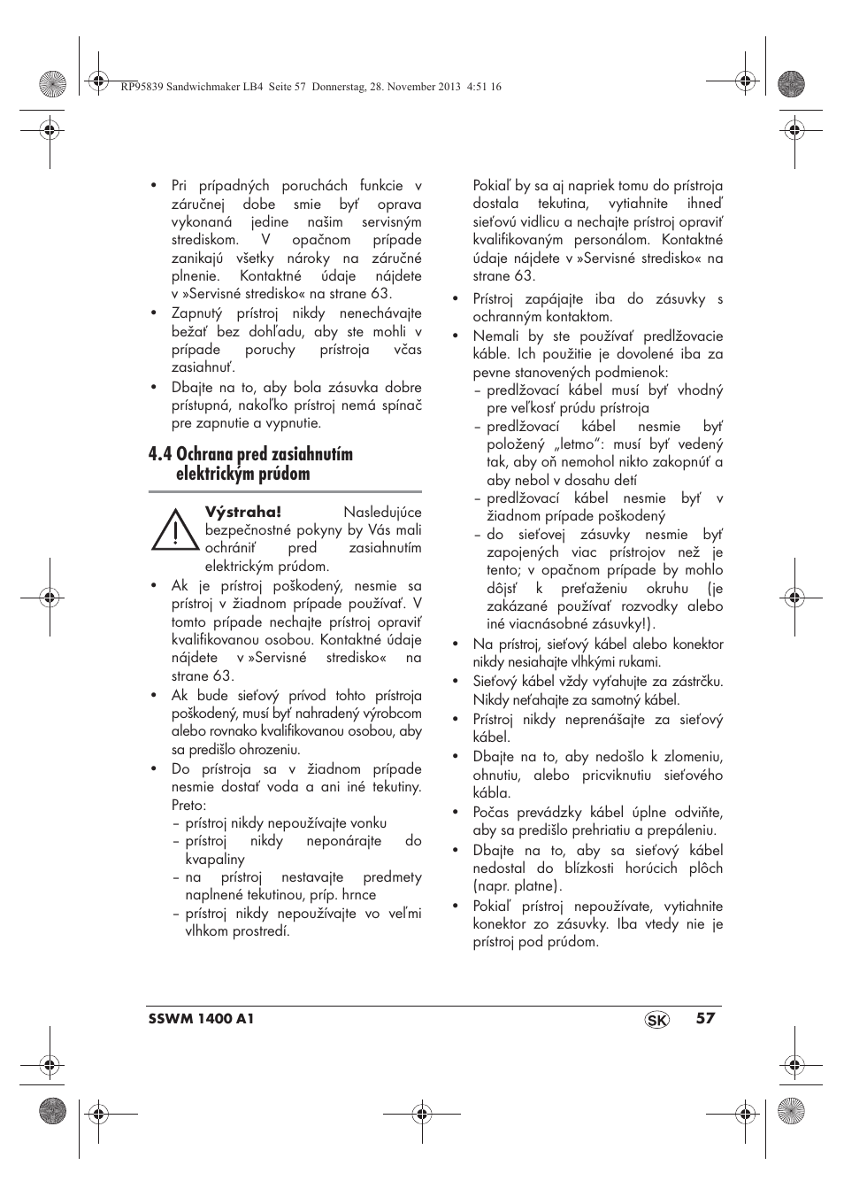 4 ochrana pred zasiahnutím elektrickým prúdom | Silvercrest SSWM 1400 A1 User Manual | Page 59 / 78