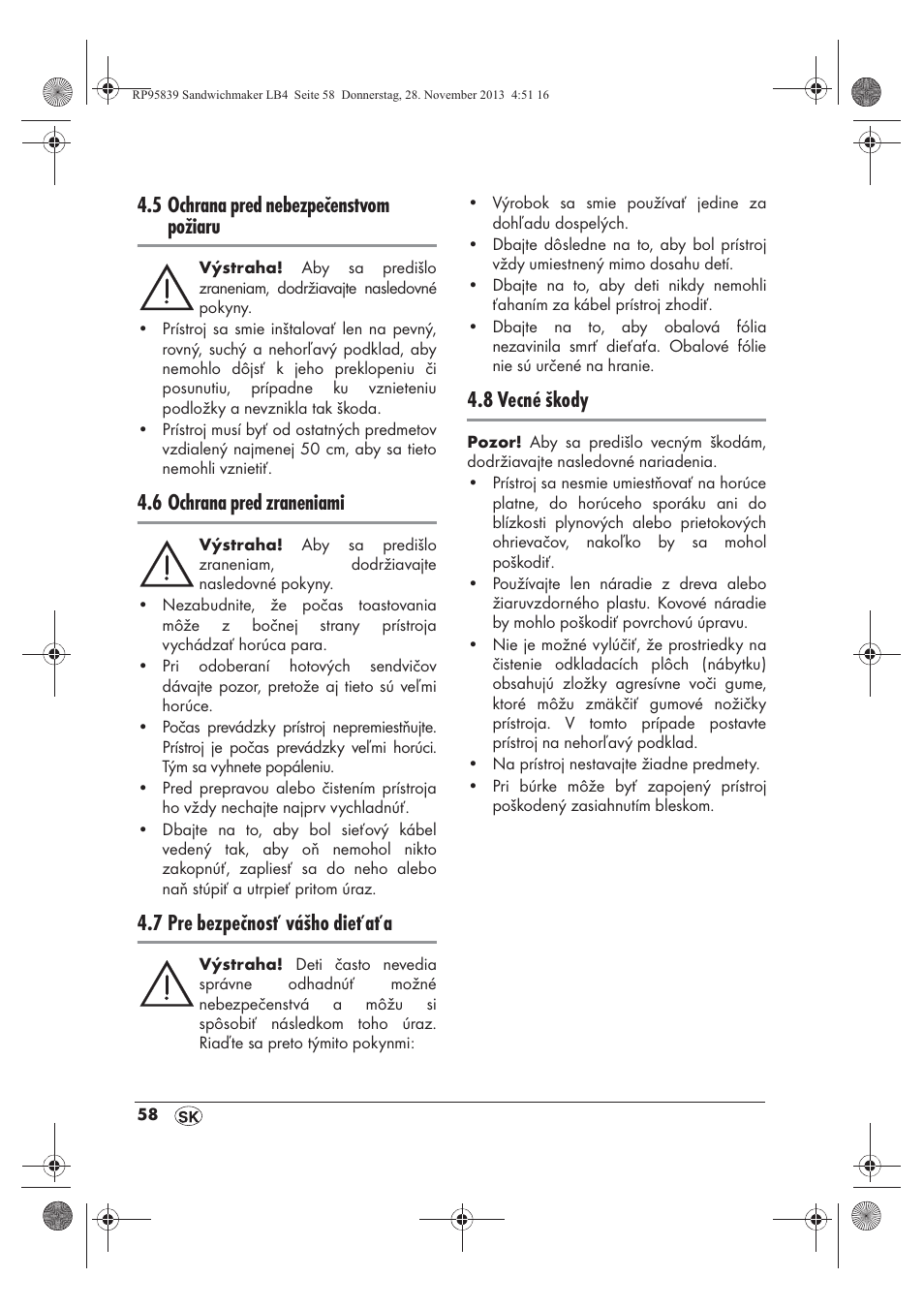 5 ochrana pred nebezpečenstvom požiaru, 6 ochrana pred zraneniami, 7 pre bezpečnosť vášho dieťaťa | 8 vecné škody | Silvercrest SSWM 1400 A1 User Manual | Page 60 / 78