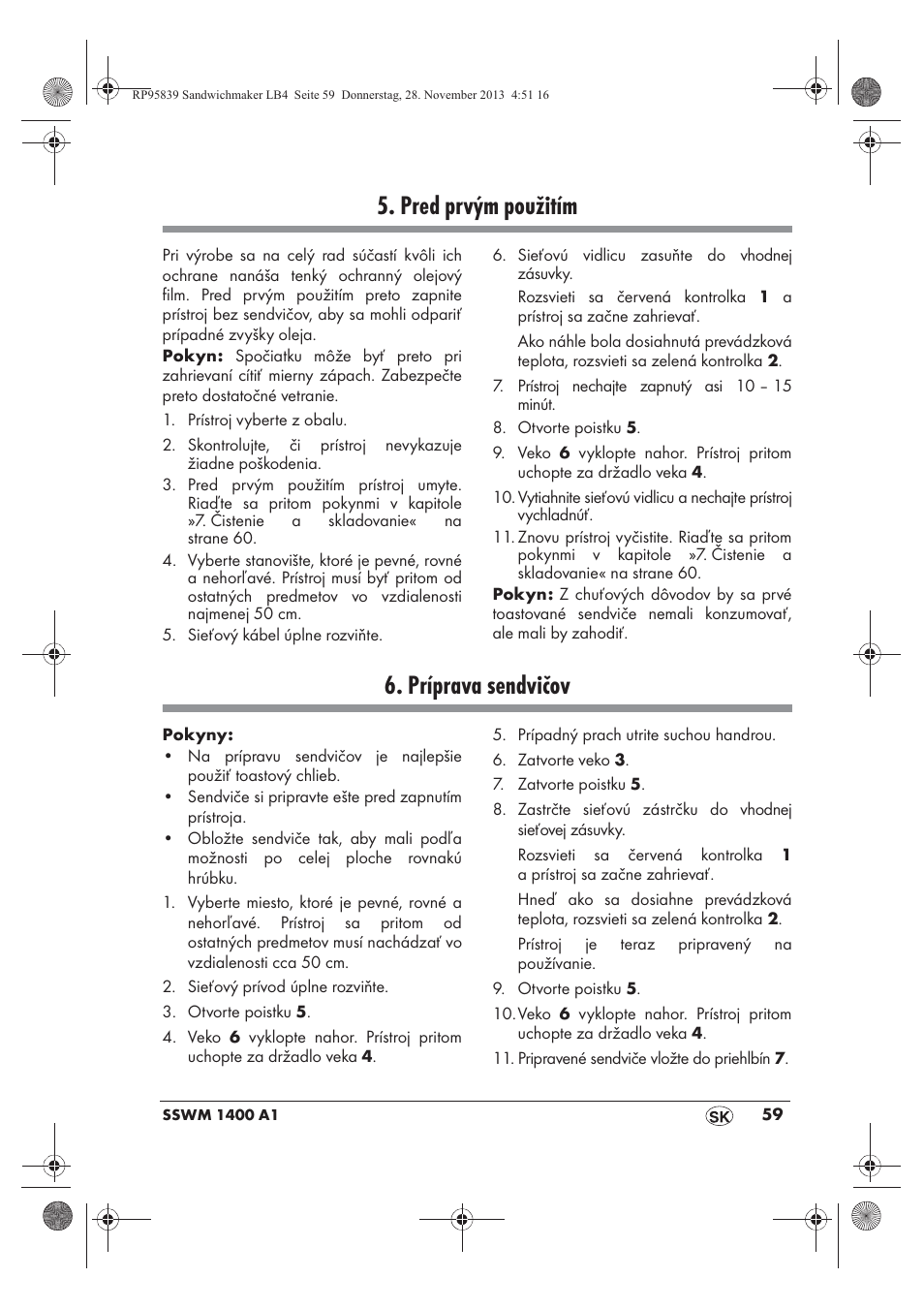 Pred prvým použitím, Príprava sendvičov | Silvercrest SSWM 1400 A1 User Manual | Page 61 / 78
