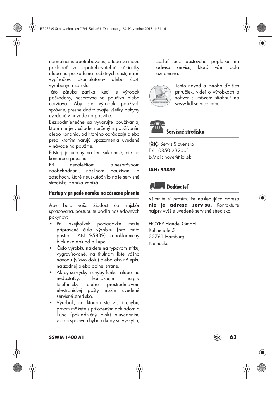 Postup v prípade nároku na záručné plnenie, Servisné stredisko, Dodávateľ | Silvercrest SSWM 1400 A1 User Manual | Page 65 / 78