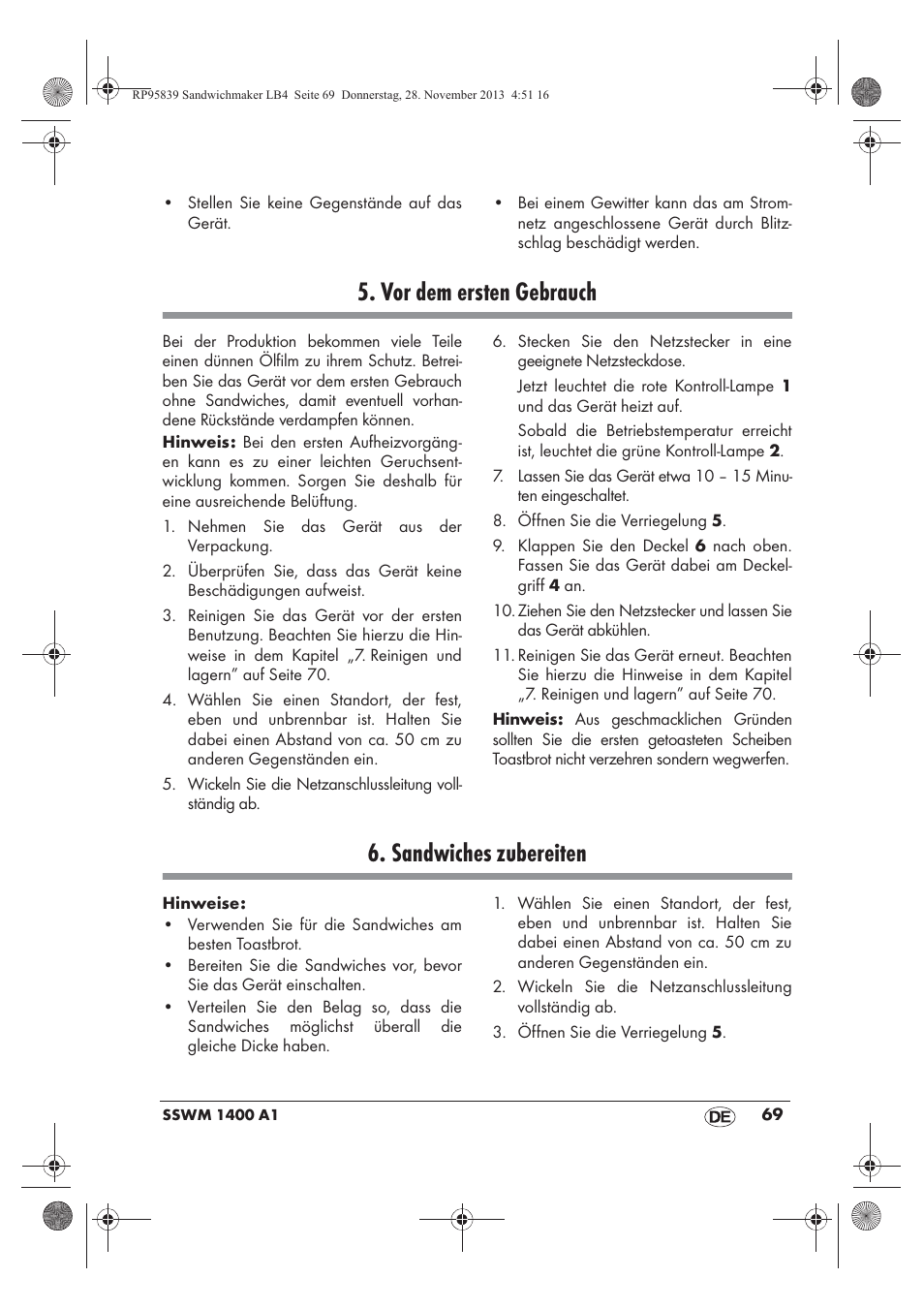 Vor dem ersten gebrauch, Sandwiches zubereiten | Silvercrest SSWM 1400 A1 User Manual | Page 71 / 78