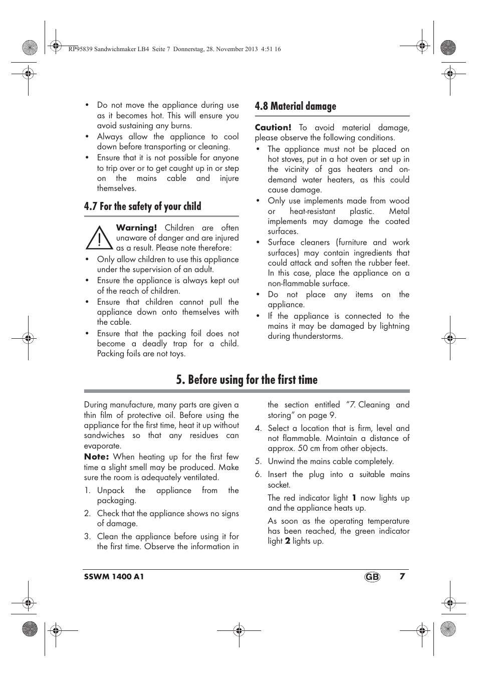 Before using for the first time, 7 for the safety of your child, 8 material damage | Silvercrest SSWM 1400 A1 User Manual | Page 9 / 78