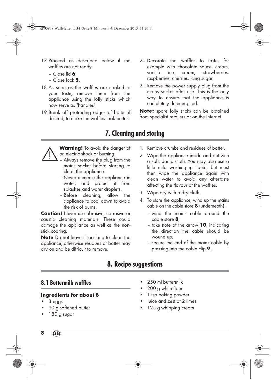Cleaning and storing, Recipe suggestions, 1 buttermilk waffles | Silvercrest SSWE 1400 A1 User Manual | Page 10 / 78