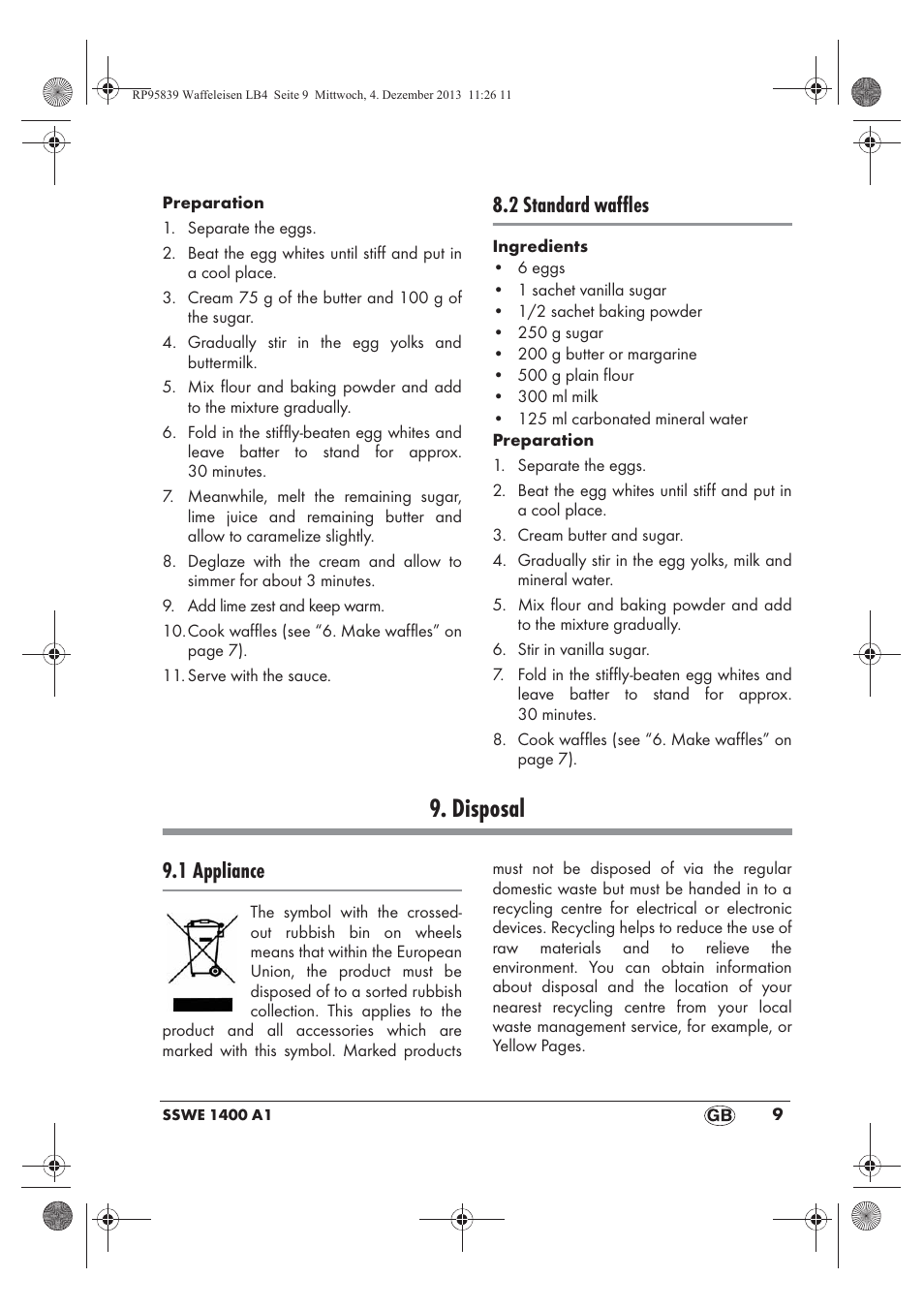Disposal, 2 standard waffles, 1 appliance | Silvercrest SSWE 1400 A1 User Manual | Page 11 / 78