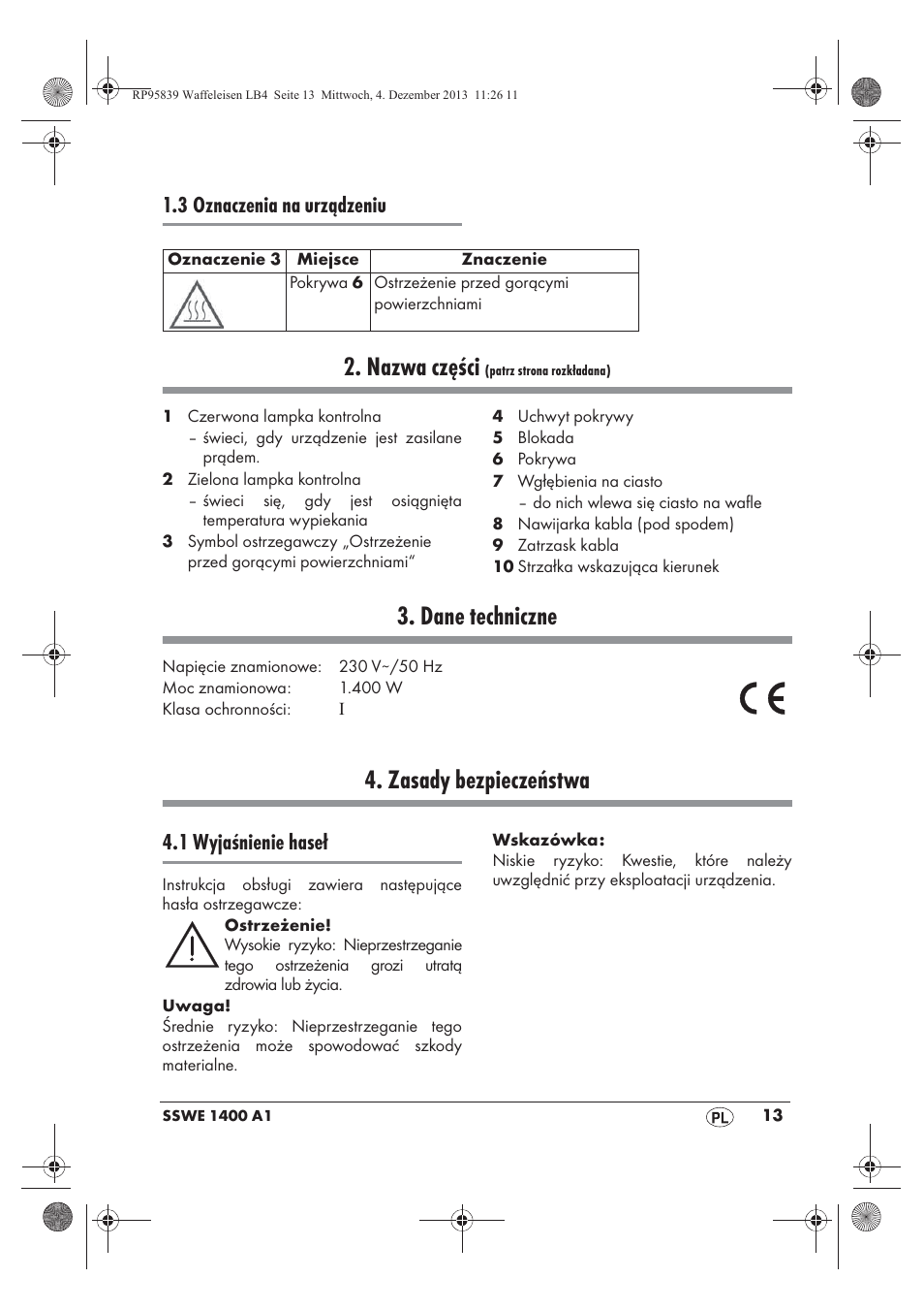 Nazwa części, Dane techniczne, Zasady bezpieczeństwa | 3 oznaczenia na urządzeniu, 1 wyjaśnienie haseł | Silvercrest SSWE 1400 A1 User Manual | Page 15 / 78
