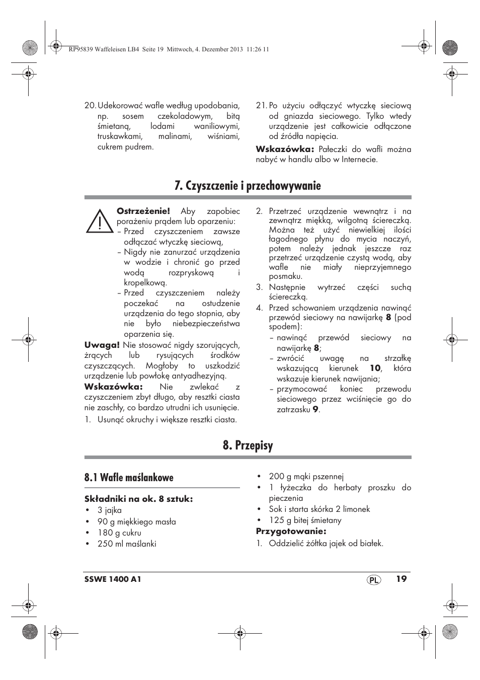 Czyszczenie i przechowywanie, Przepisy, 1 wafle maślankowe | Silvercrest SSWE 1400 A1 User Manual | Page 21 / 78
