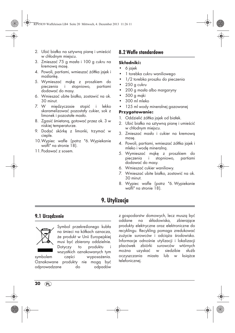 Utylizacja, 2 wafle standardowe, 1 urządzenie | Silvercrest SSWE 1400 A1 User Manual | Page 22 / 78