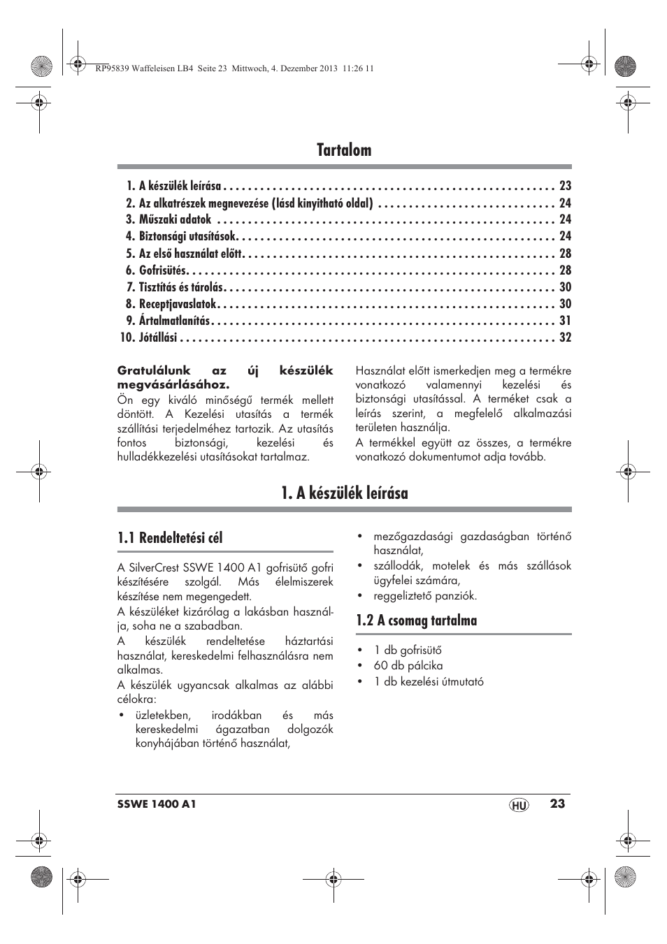 Tartalom, A készülék leírása, 1 rendeltetési cél | 2 a csomag tartalma | Silvercrest SSWE 1400 A1 User Manual | Page 25 / 78