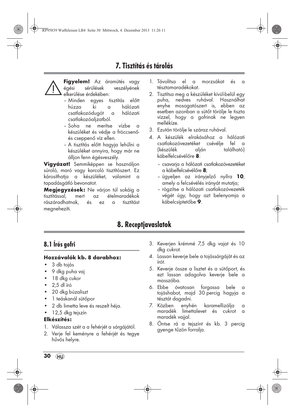 Tisztítás és tárolás, Receptjavaslatok, 1 írós gofri | Silvercrest SSWE 1400 A1 User Manual | Page 32 / 78