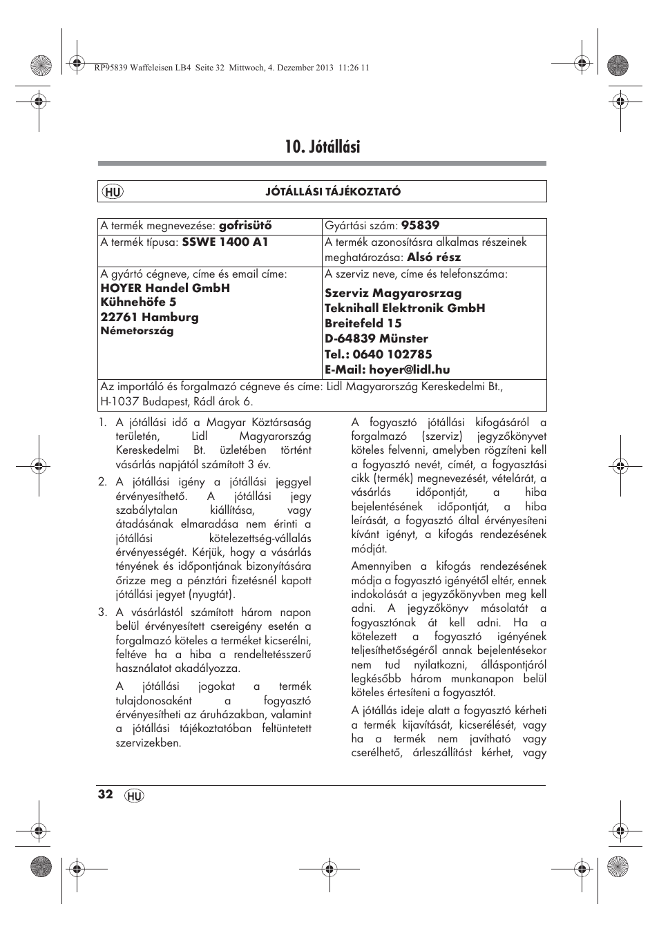 Jótállási | Silvercrest SSWE 1400 A1 User Manual | Page 34 / 78