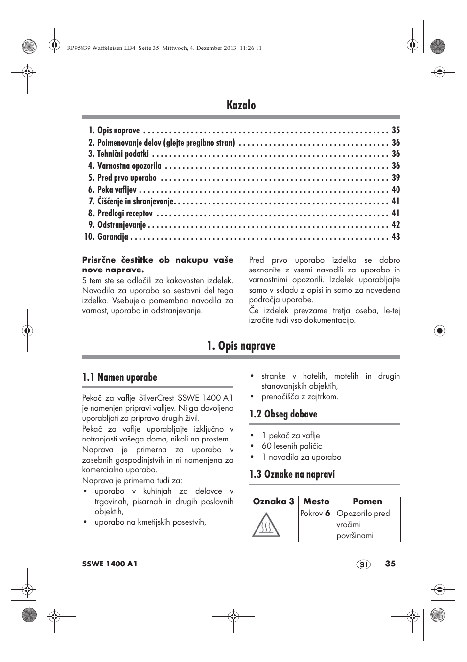 Kazalo, Opis naprave, 1 namen uporabe | 2 obseg dobave, 3 oznake na napravi | Silvercrest SSWE 1400 A1 User Manual | Page 37 / 78