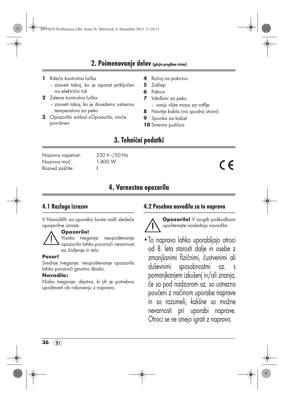 Poimenovanje delov, Tehnični podatki, Varnostna opozorila | 1 razlaga izrazov, 2 posebna navodila za to napravo | Silvercrest SSWE 1400 A1 User Manual | Page 38 / 78