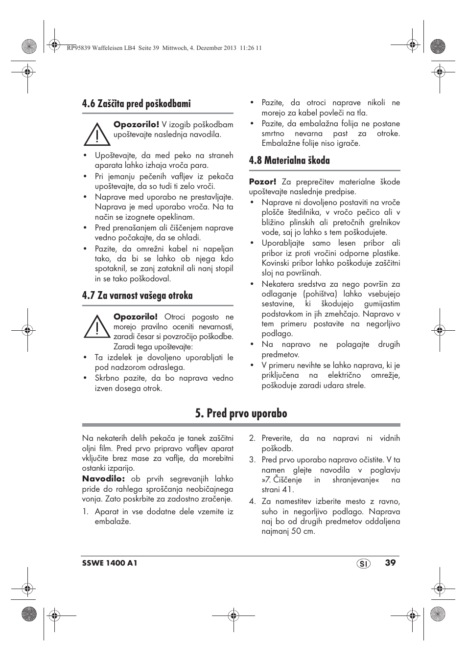 Pred prvo uporabo, 6 zaščita pred poškodbami, 7 za varnost vašega otroka | 8 materialna škoda | Silvercrest SSWE 1400 A1 User Manual | Page 41 / 78
