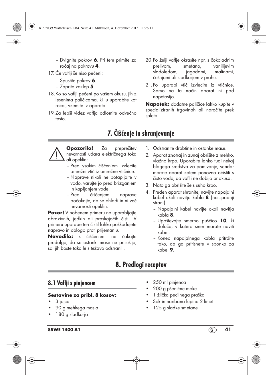 Čiščenje in shranjevanje, Predlogi receptov, 1 vaflji s pinjencem | Silvercrest SSWE 1400 A1 User Manual | Page 43 / 78