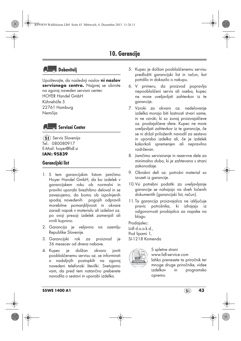 Garancija, Dobavitelj, Servisni center | Garancijski list | Silvercrest SSWE 1400 A1 User Manual | Page 45 / 78
