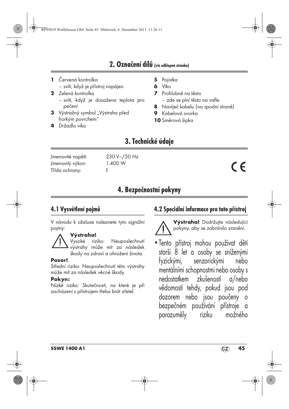 Označení dílů, Technické údaje, Bezpečnostní pokyny | 1 vysvětlení pojmů, 2 speciální informace pro toto přístroj | Silvercrest SSWE 1400 A1 User Manual | Page 47 / 78