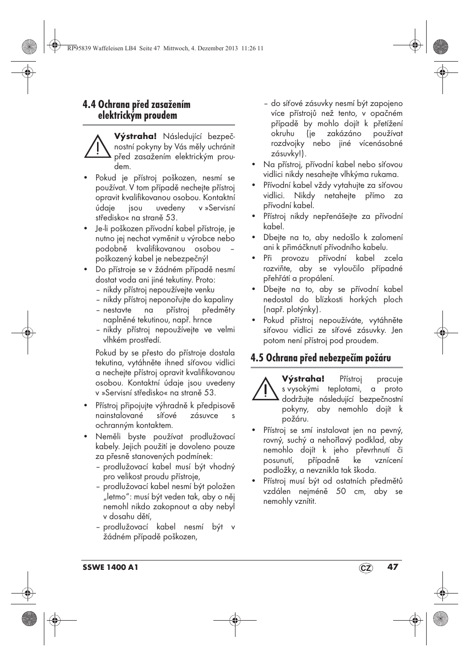 4 ochrana před zasažením elektrickým proudem, 5 ochrana před nebezpečím požáru | Silvercrest SSWE 1400 A1 User Manual | Page 49 / 78