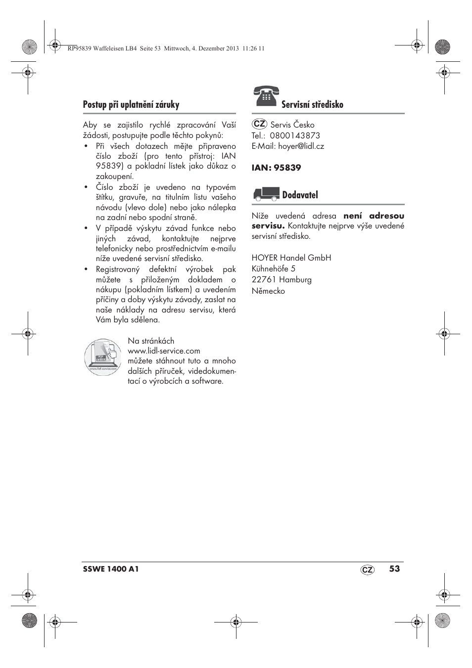 Postup při uplatnění záruky, Servisní středisko, Dodavatel | Silvercrest SSWE 1400 A1 User Manual | Page 55 / 78