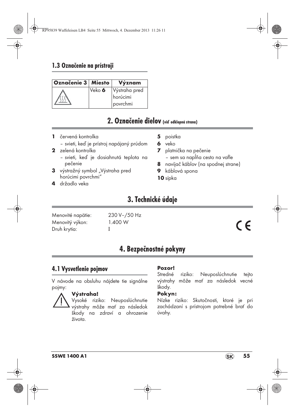 Označenie dielov, Technické údaje, Bezpečnostné pokyny | 3 označenie na prístroji, 1 vysvetlenie pojmov | Silvercrest SSWE 1400 A1 User Manual | Page 57 / 78