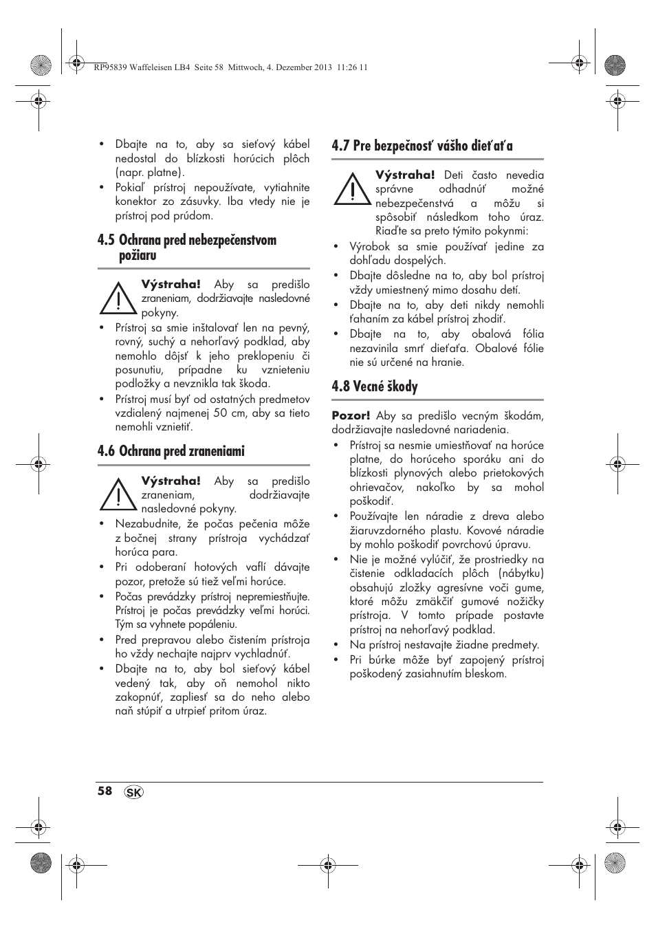 5 ochrana pred nebezpečenstvom požiaru, 6 ochrana pred zraneniami, 7 pre bezpečnosť vášho dieťaťa | 8 vecné škody | Silvercrest SSWE 1400 A1 User Manual | Page 60 / 78