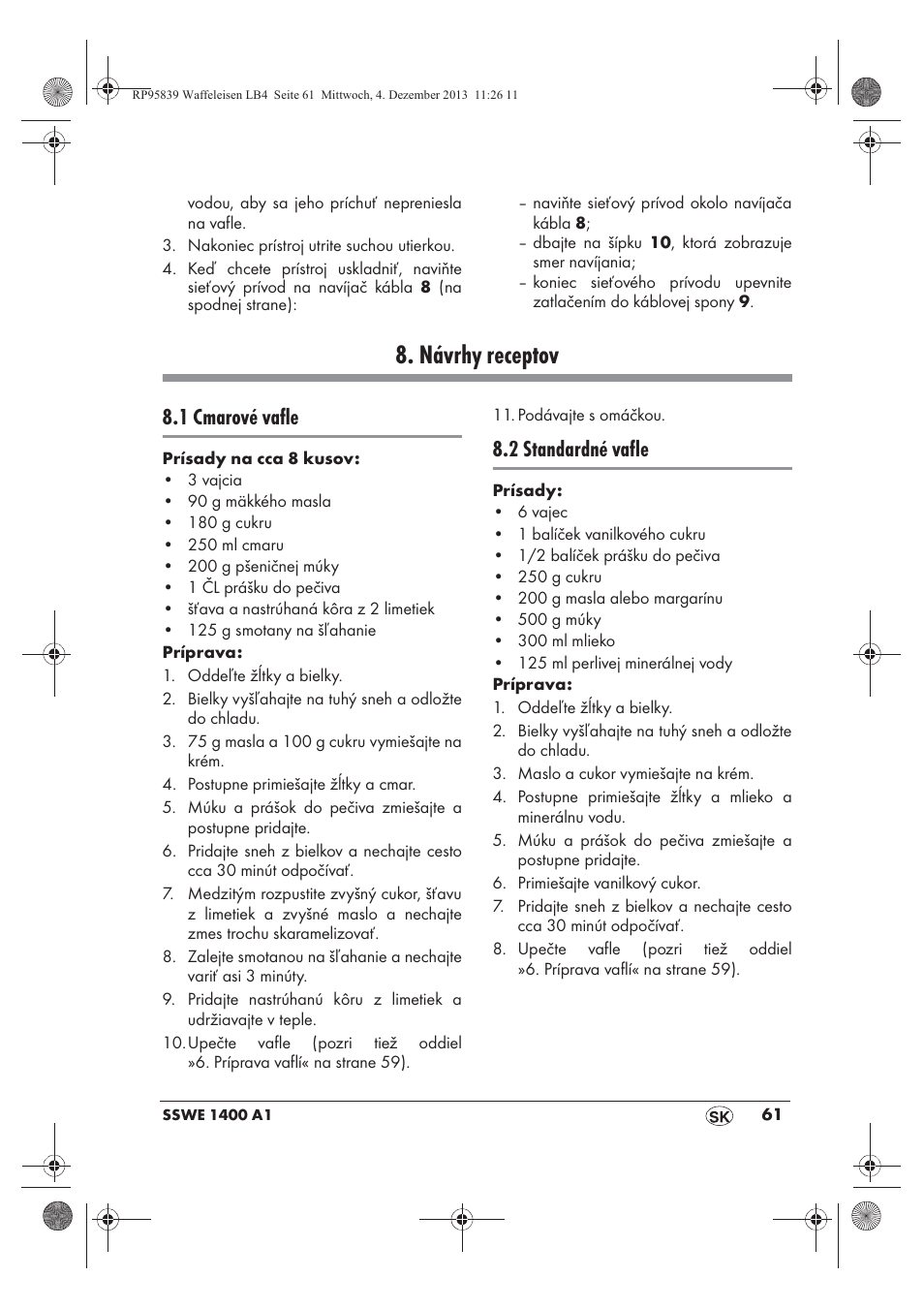 Návrhy receptov, 1 cmarové vafle, 2 standardné vafle | Silvercrest SSWE 1400 A1 User Manual | Page 63 / 78