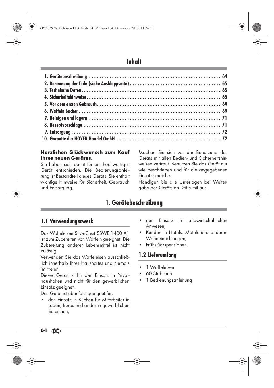 Inhalt, Gerätebeschreibung, 1 verwendungszweck | 2 lieferumfang | Silvercrest SSWE 1400 A1 User Manual | Page 66 / 78