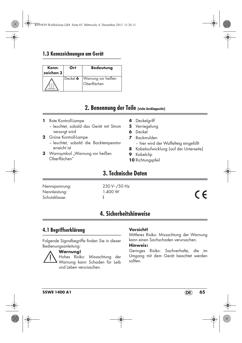 Benennung der teile, Technische daten, Sicherheitshinweise | 3 kennzeichnungen am gerät, 1 begriffserklärung | Silvercrest SSWE 1400 A1 User Manual | Page 67 / 78