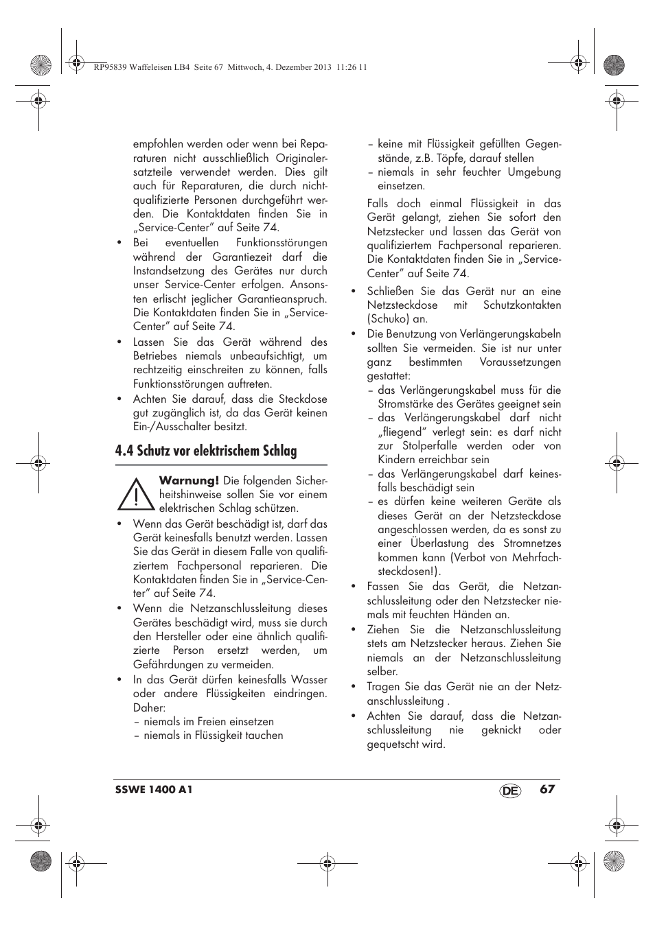 4 schutz vor elektrischem schlag | Silvercrest SSWE 1400 A1 User Manual | Page 69 / 78