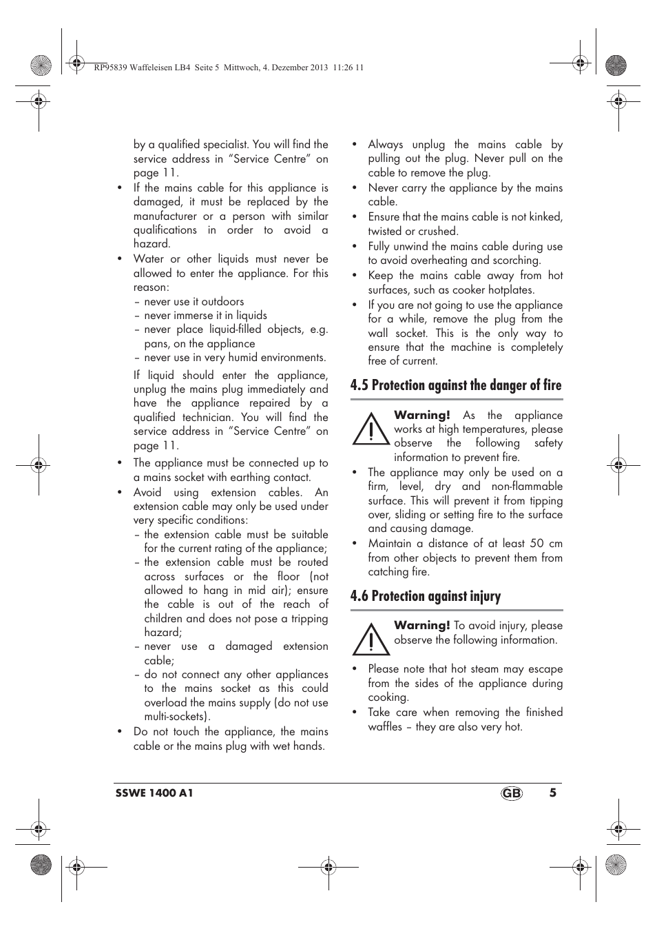 5 protection against the danger of fire, 6 protection against injury | Silvercrest SSWE 1400 A1 User Manual | Page 7 / 78