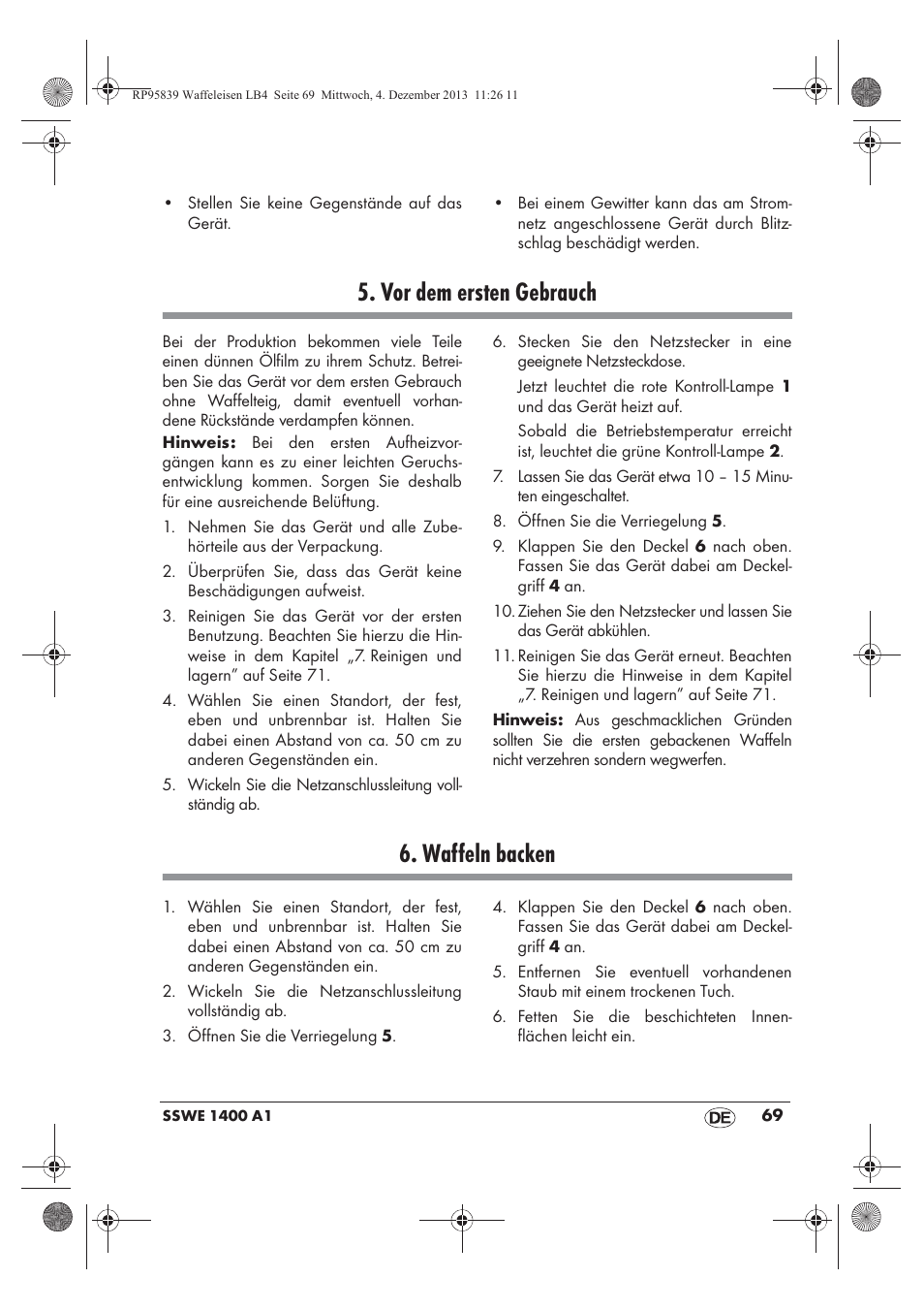 Vor dem ersten gebrauch, Waffeln backen | Silvercrest SSWE 1400 A1 User Manual | Page 71 / 78