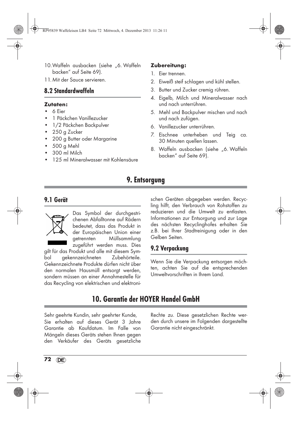 Entsorgung, Garantie der hoyer handel gmbh, 2 standardwaffeln | 1 gerät, 2 verpackung | Silvercrest SSWE 1400 A1 User Manual | Page 74 / 78