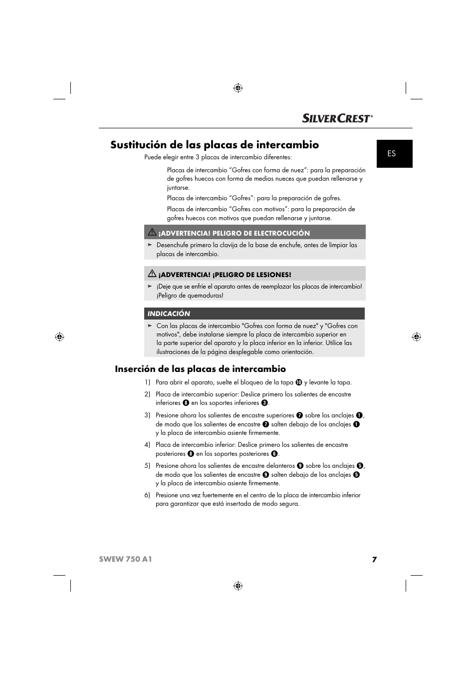 Sustitución de las placas de intercambio, Inserción de las placas de intercambio | Silvercrest SWEW 750 A1 User Manual | Page 10 / 85