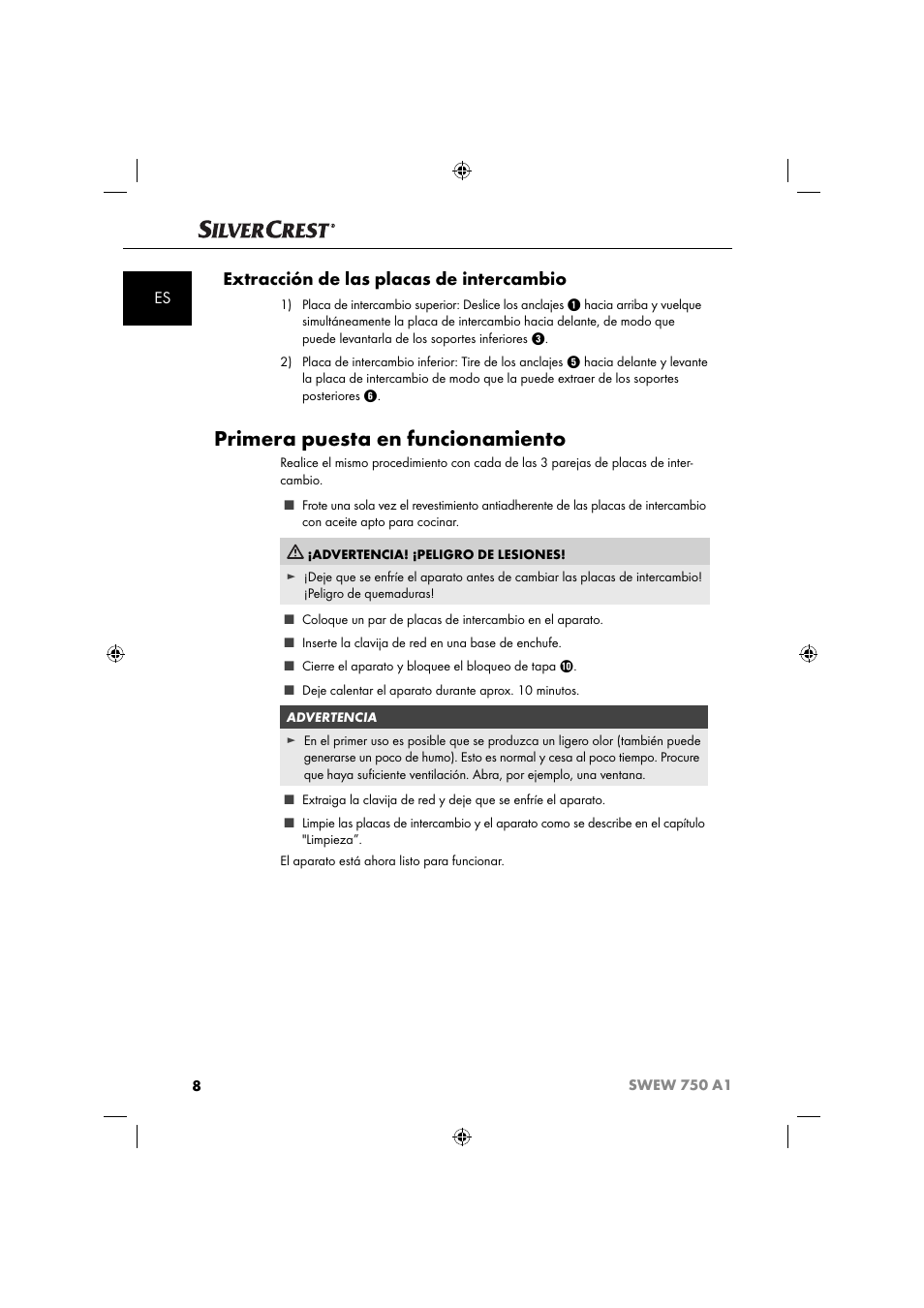 Primera puesta en funcionamiento, Extracción de las placas de intercambio | Silvercrest SWEW 750 A1 User Manual | Page 11 / 85